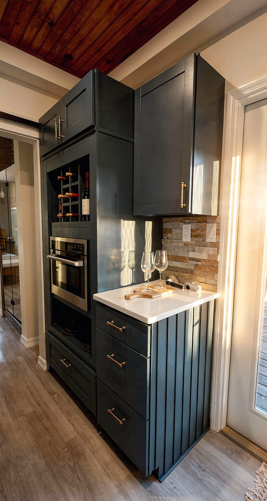 Bar area - built-in oven, wine glasses, gold hardware