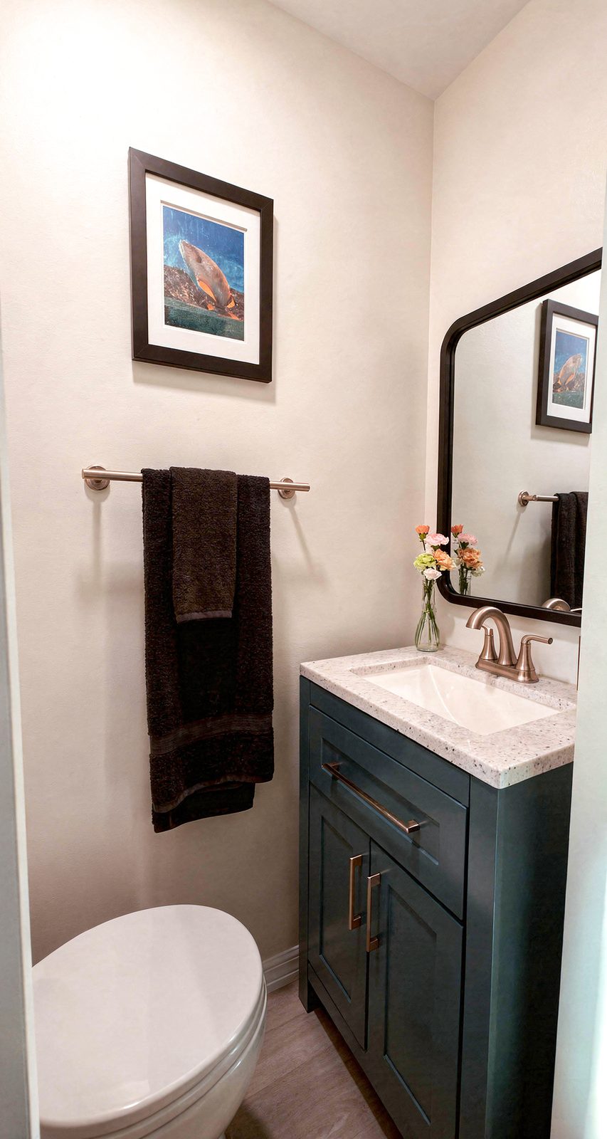 Bathroom vanity, teal cabinet, arched mirror