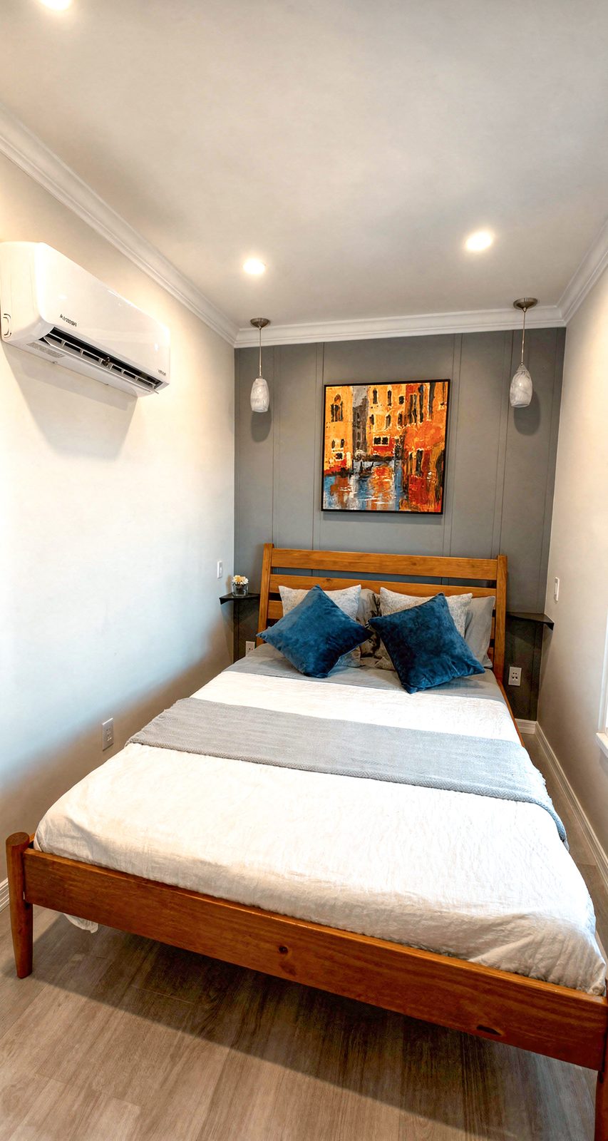 Bedroom - queen bed, pendant lights