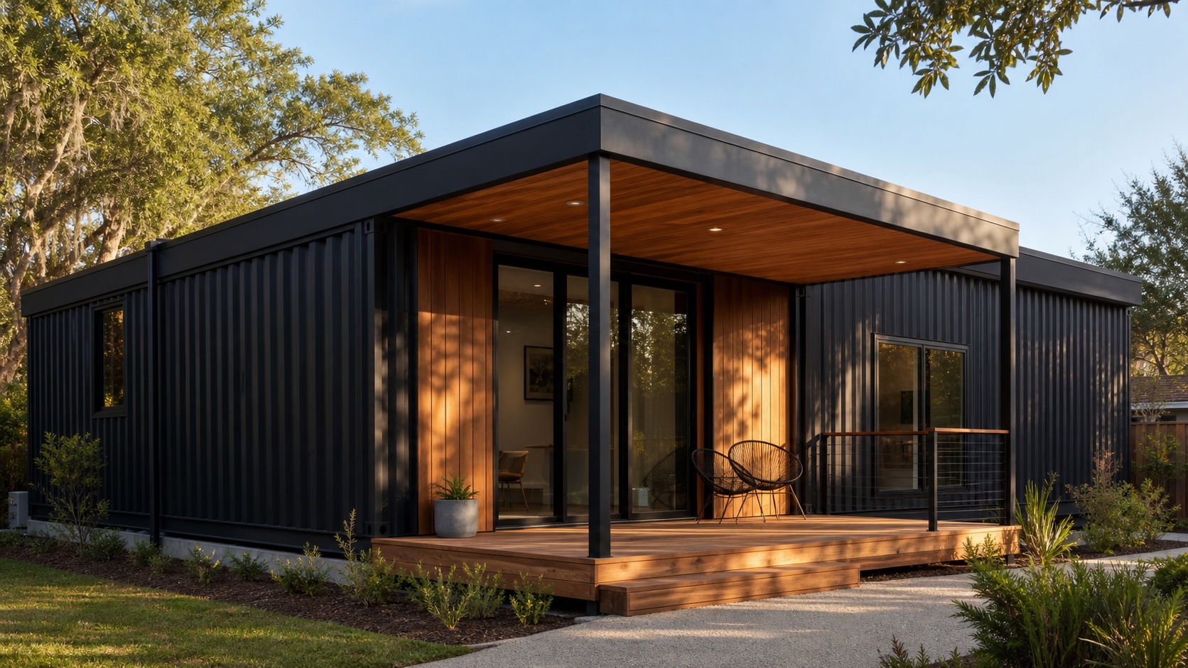 Modern container home with a covered terrace and native landscaping